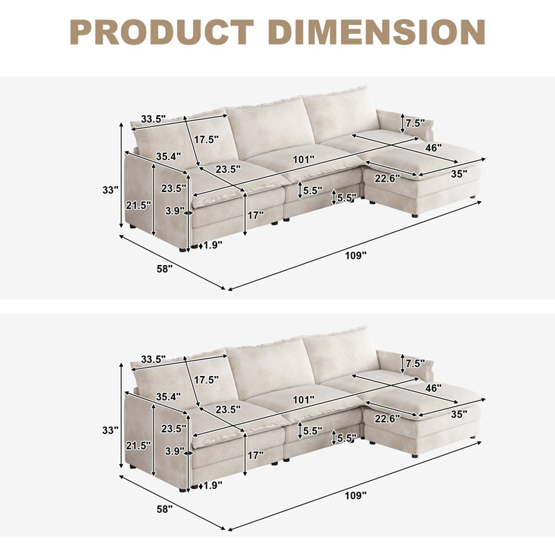  Canapé modulaire 6 places avec repose-pieds réversible, canapé 3 places 109 po, Velours côtelé beige