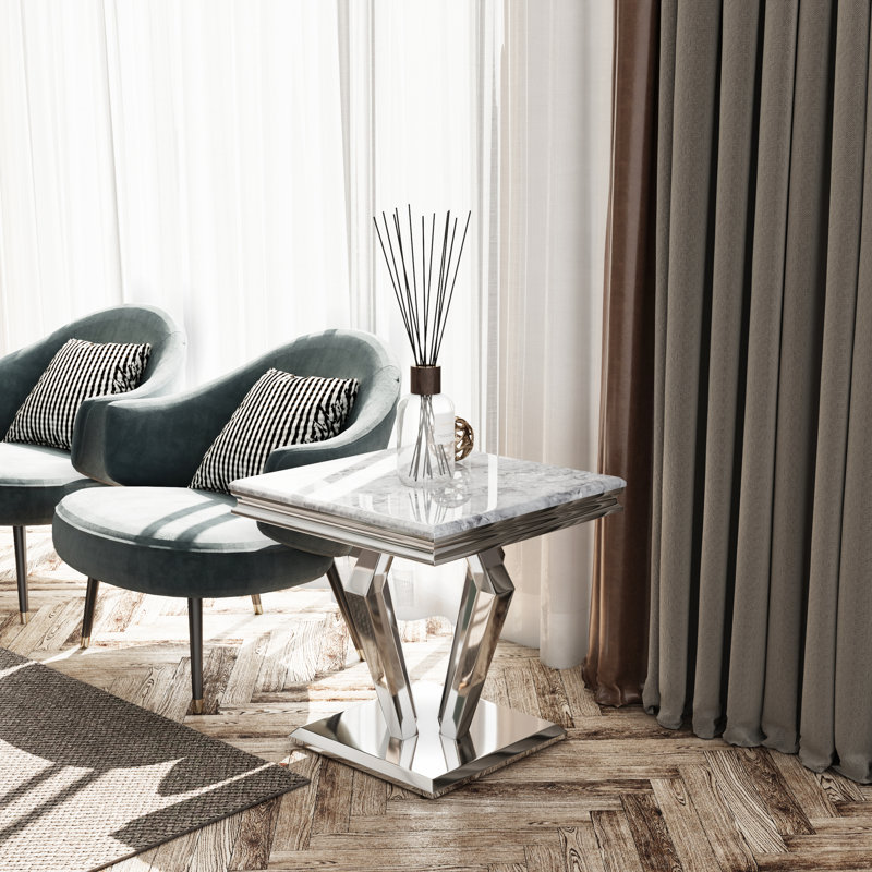 Black And Gold End Side Table With Polished Geometric Base, Grey/Silver