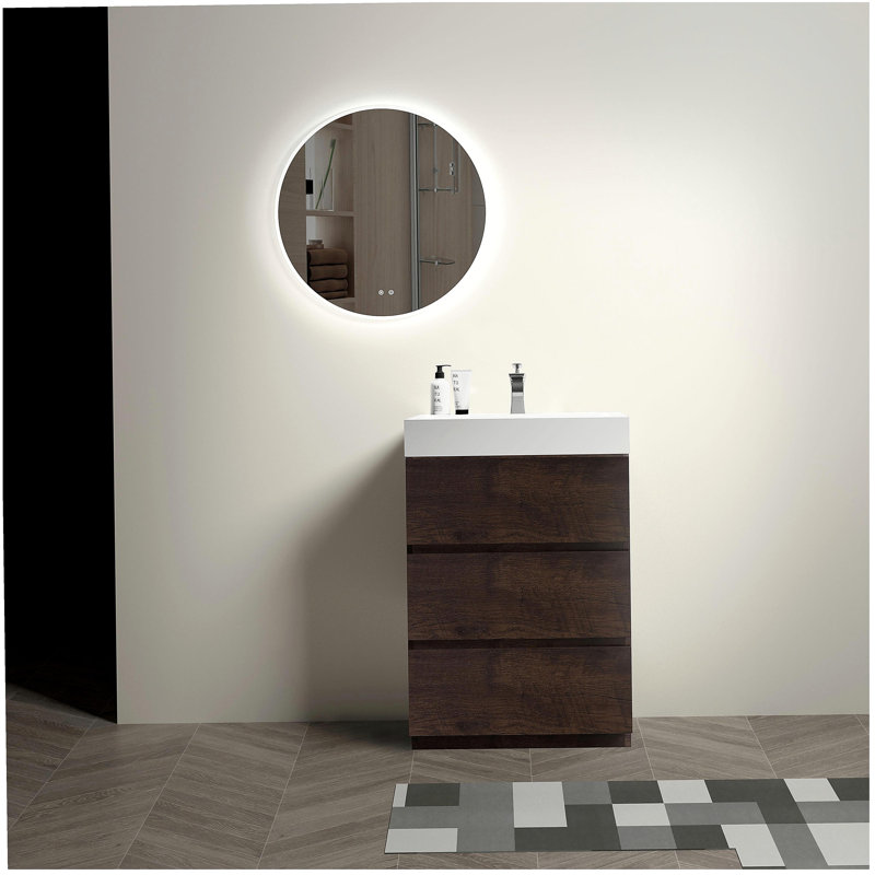 Coiffeuse en noyer avec lavabo, grande coiffeuse indépendante avec rangement, lavabo intégré moderne sans drainage et robinet, pré-assemblé