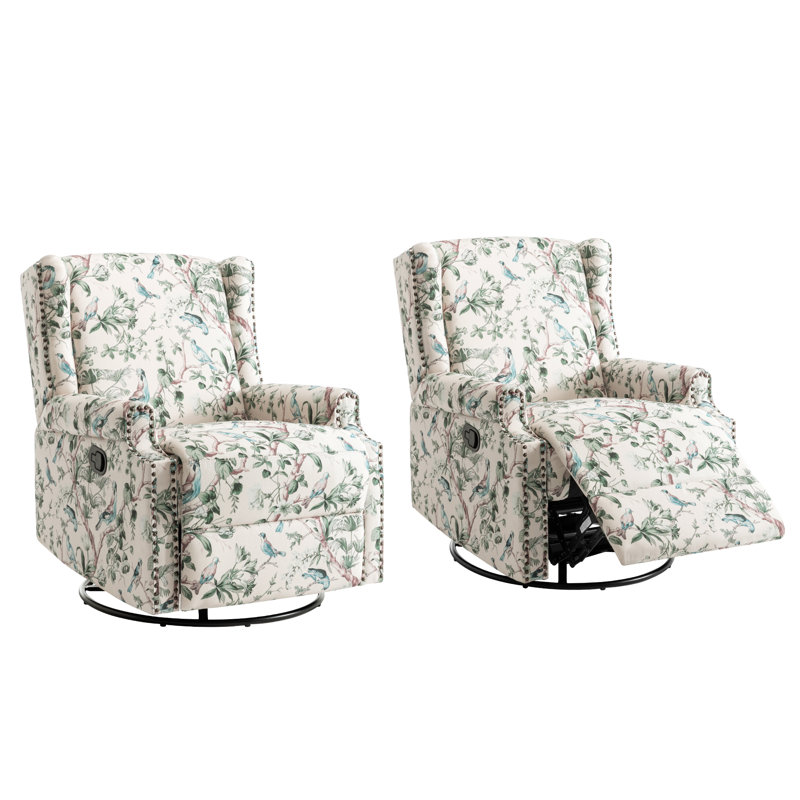 Upholstered Classic Wing Back Manual Handle Swivel Rock Glider Recliner with Naihead Trims, Bird