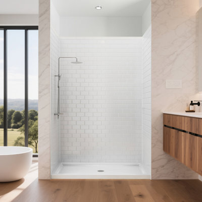 Ensemble de panneaux de douche encastrés 3 pièces l 60 po x P 36 po x H 80 po, panneaux de douche en acrylique texturé à motif de briques blanches décalées, dosseret de douche imperméable et à installation rapide, épaisseur de 1/8 po (2,8 mm)