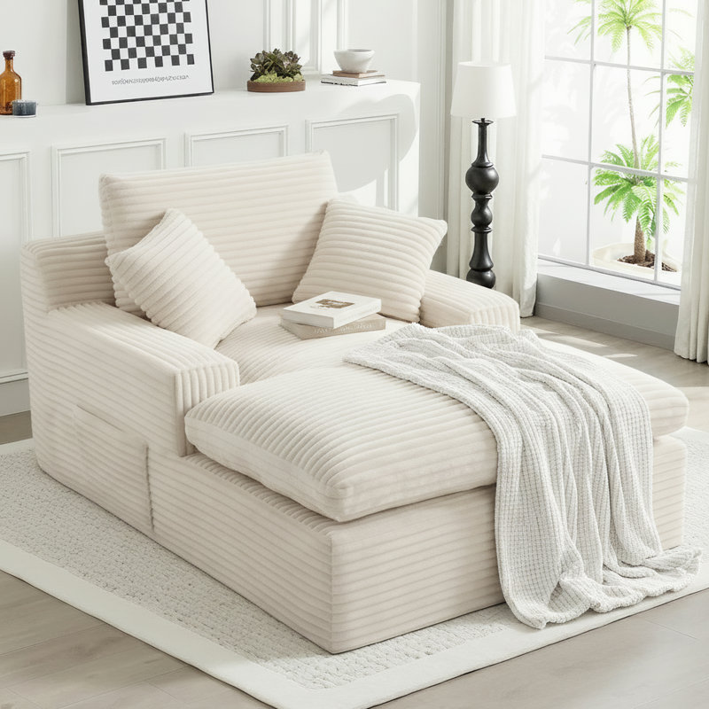 Fully Assembled Compression Corduroy Chaise Lounge Chair Singe Sofa with 3 Pillows, Beige