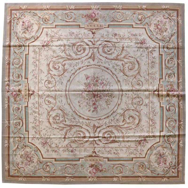 Tapis unique beige, brun et bleu clair de 9 pi 10 po x 10 pi 2 po Aubusson