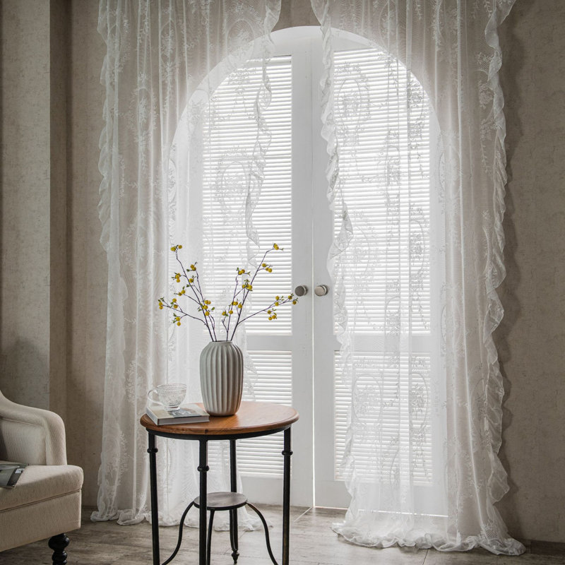 Lausanne White Retro Translucent Lace Window Curtains Flounce, 59" W x 87" L