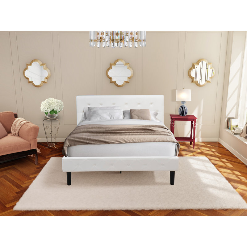 Ensemble de chambre à coucher 2 pièces pour grand lit - Base de lit capitonnée à boutons - Tête de lit tapissier en tissu de velours blanc lin et table de chevet à finition bourgogne