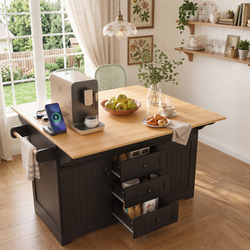 Îlot de cuisine l 55,7 po avec comptoir à abattants et armoire de rangement, Noir
