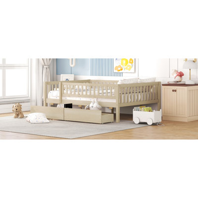 Lit de jour double en bois avec deux tiroirs - Fabrication de matériaux, fonction d'économie d'espace, multifonctionnel pour la chambre à coucher, pièce d'assemblage simple dans un espace de rangement naturel.