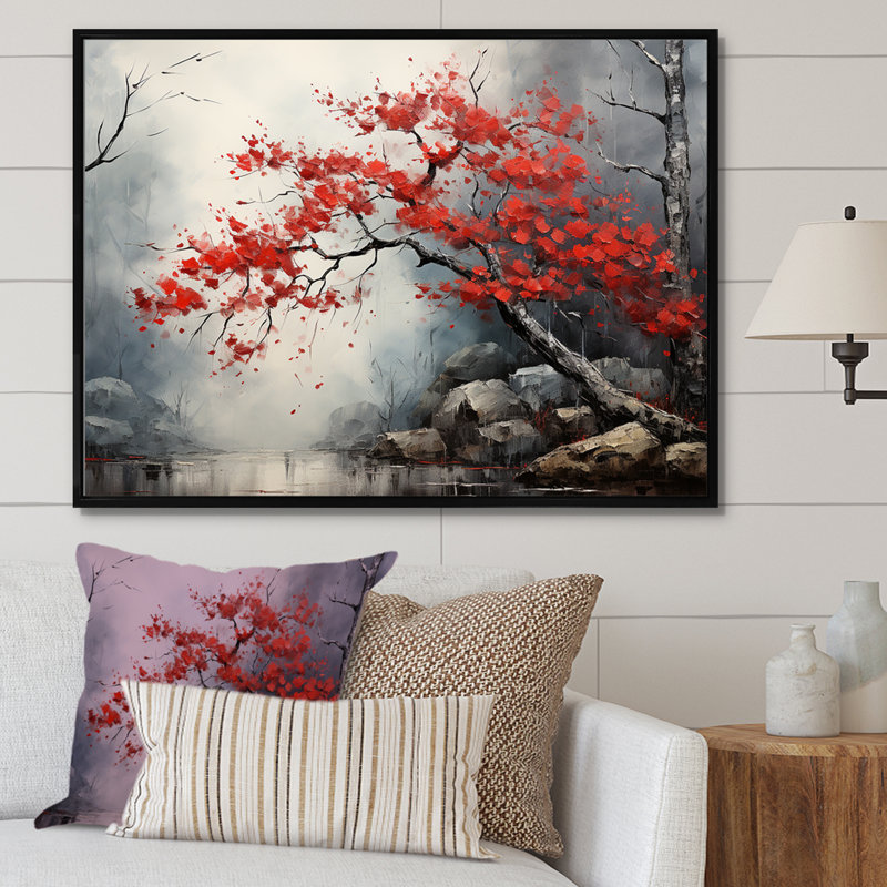 Fiery Red Maple Tree II - Art mural érable, H 24 po x l 32 po x P 1 po, Cadre flottant noir