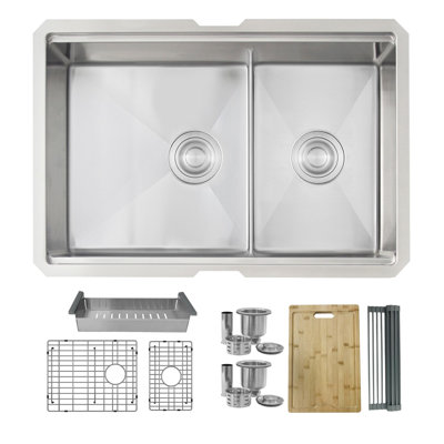 STYLISH 28 inch Workstation 60/40 Double Bowl Undermount 16G Kitchen Sink with Accessories included