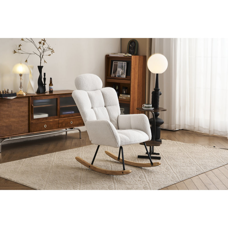 Chaise berçante moderne avec structure en métal, tissu d'ameublement pour chambre à coucher, pieds de bureau en bois pour chambre de bébé