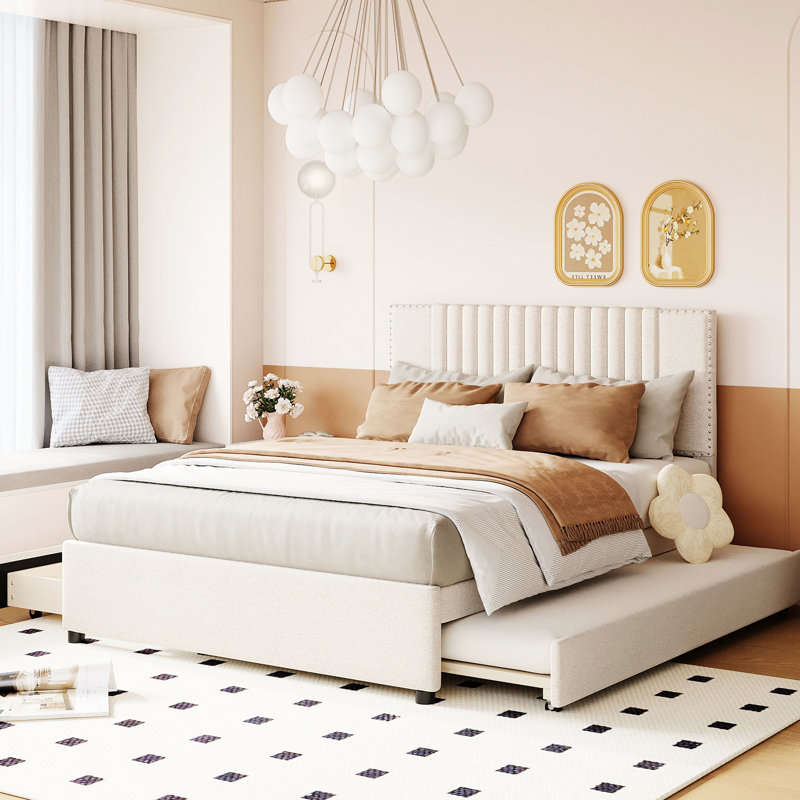 Lit plateforme tapissier beige avec 2 boîtes de rangement et lit gigogne, tête de lit classique, solide et contreplaqué, chambre extensible, tiroirs en contreplaqué faciles à assembler, rehaussant le sommeil, installation