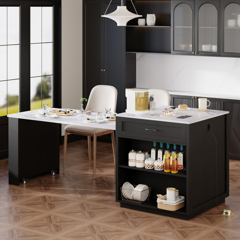 Îlot de cuisine Evelyn avec table extensible et rangement, plateau en faux marbre, noir, Noir