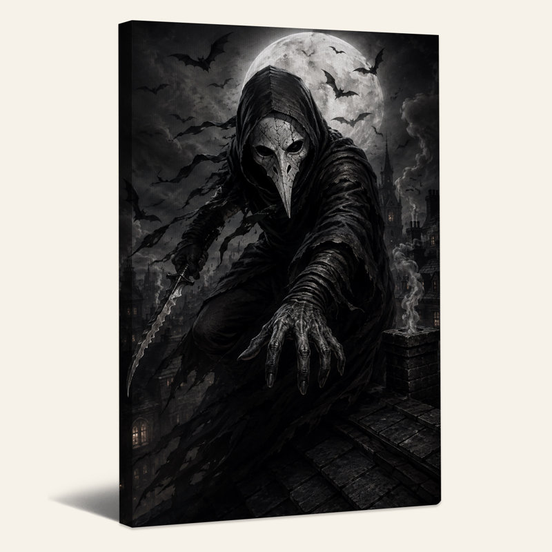 «Dark Plague Doctor on Gothic Rooftop Under Full Halloween», art mural sur toile, 36"H x 24"W