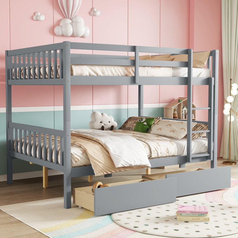 Lit superposé double au-dessus de double avec tiroirs de rangement, échelle et garde-corps, convertible en 2 lits doubles, structure en bois d'hévéa massif