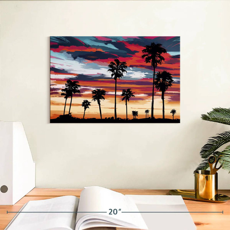 Silhouette de palmiers au coucher du soleil, H 8 po x l 12 po