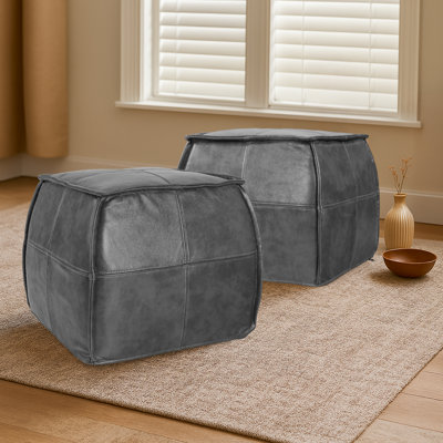 Full-Grain Genuine Leather Square Pouf With Patchwork Design (Set Of 2) by 17 Stories