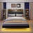 Floating Bed Frame With LED Light And Bookcase Storage Headboard