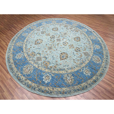 Tapis bleu cyan clair 10 pi x 10 pi, Agra, motif floral All Shah Abbas, teinture végétale, tissage dense, laine naturelle, tapis oriental rond, noué à la main