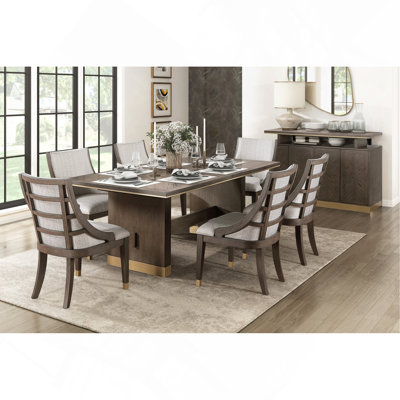 Ensemble de salle à manger moderne et luxueux 7 pièces avec table de salle à manger à rallonge brune et 6 fauteuils à garniture dorée