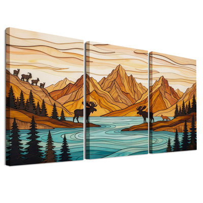 Ensemble de 3 toiles murales de style bois superposées représentant un orignal et un lac de montagne