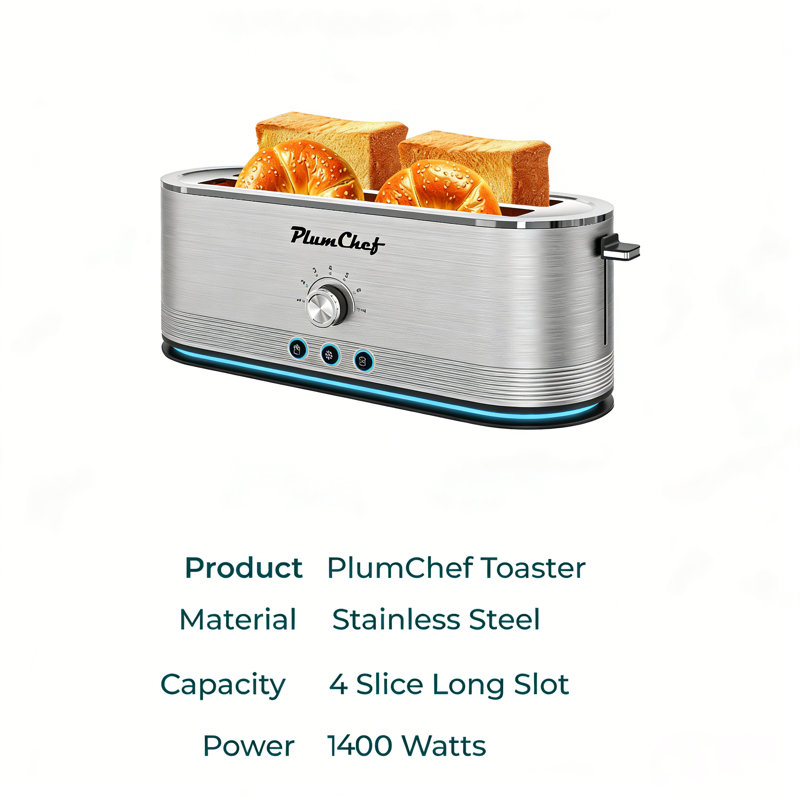 1400W 4-Slice Stainless Steel Toaster - Anti-Fingerprint & Anti-Jam, 7 Browning Settings, Defrost/Reheat Functions, Removable Crumb Tray, Full Stainless Steel Housing
