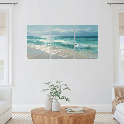 Ocean Waves Beach Scene Canvas Wrapped Wall Art Oil Painting Print Set Of 3