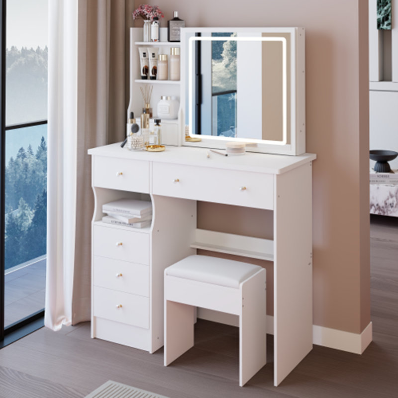 Meuble-lavabo de taille moyenne avec tiroir et tabouret, Blanc