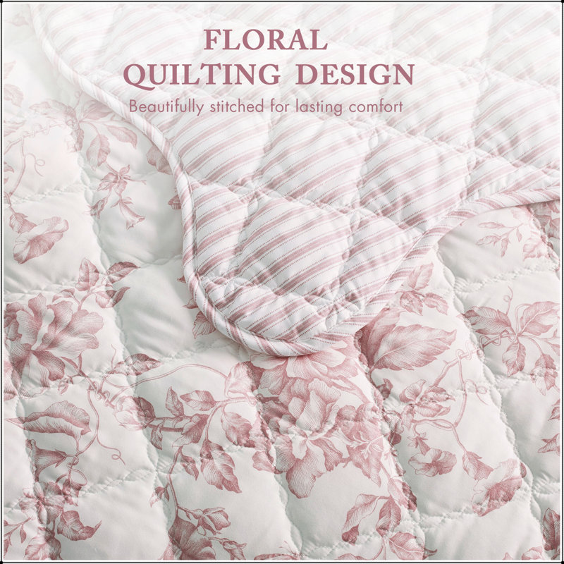 4 Piece Full Queen Reversible Floral Quilt Set with Decorative Pillow 90 x 90 Inch, Blue