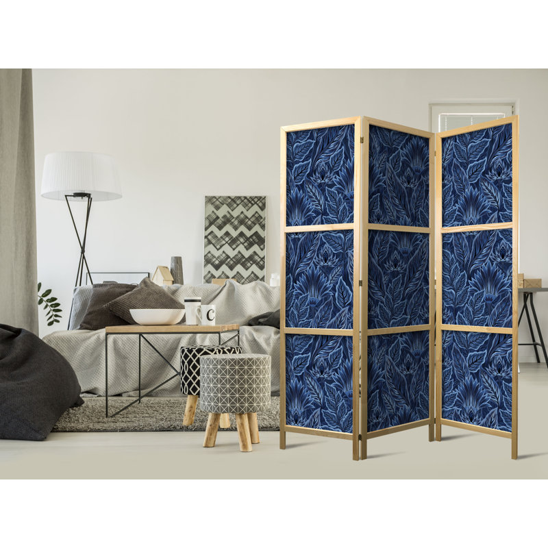 171cm H Solid Wood Folding Room Divider, Blue, 171cm H x 135cm W x 1.2cm D