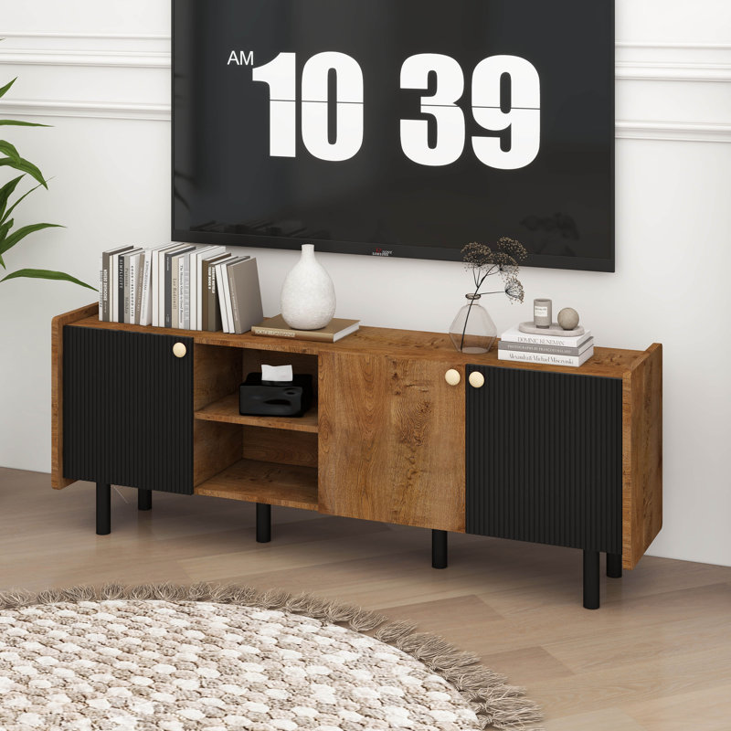 Mid Century Modern TV Stand With Storage Cabinets And Open Shelf, Brown/Black