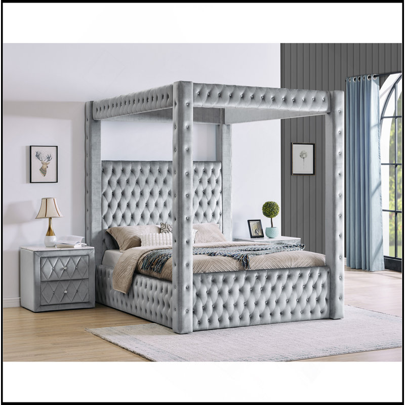 1Pc Faux Marble Top Nightstand 2- Drawers Storage Button Tufted Faux Crystal Tufted, Gray