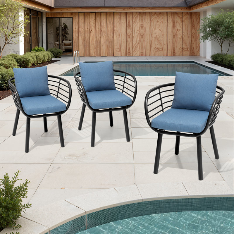 Chaise de salle à manger d'extérieur avec coussin Sunbrella (ensemble de 3), Bleu