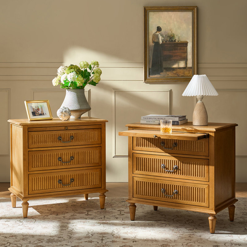  Kaybri Farmhouse 26'' W 3-Drawer Fluted Solid Wood End Table with Built-In Outlet and Pull-out Tray, Acorn