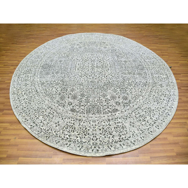 Tapis rond blanc en laine biologique noué à la main 10 pi 0 po x 10 pi 1 po Dynasty Mamluk