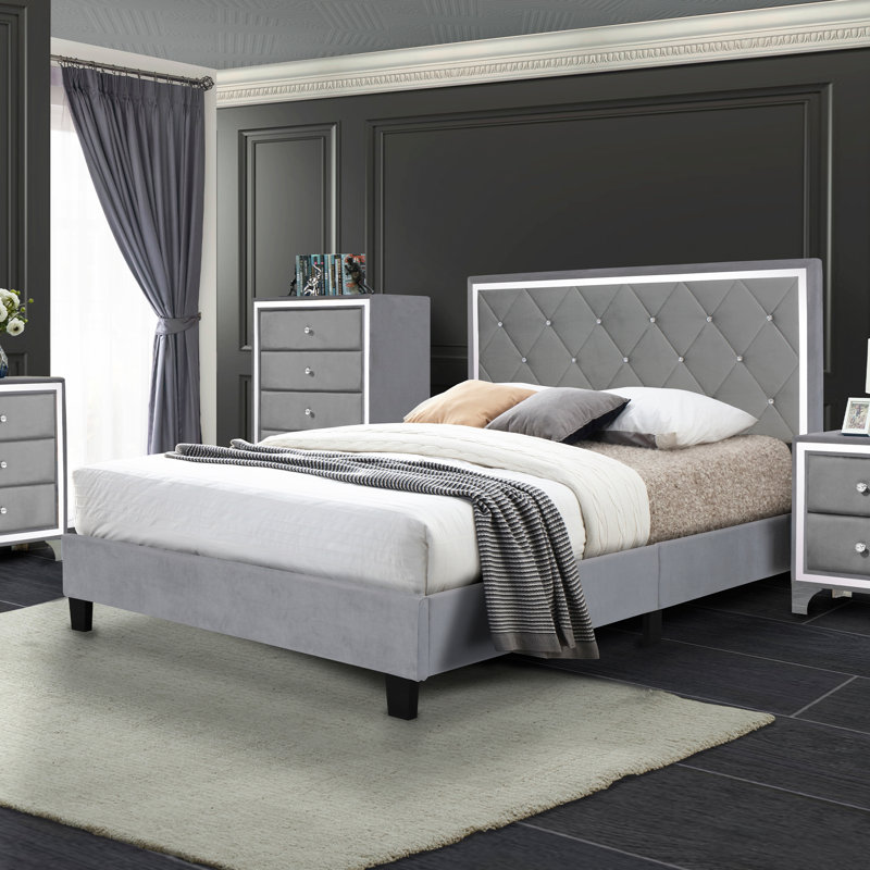 Lit plateforme en bois massif Miekai, Grand, gris