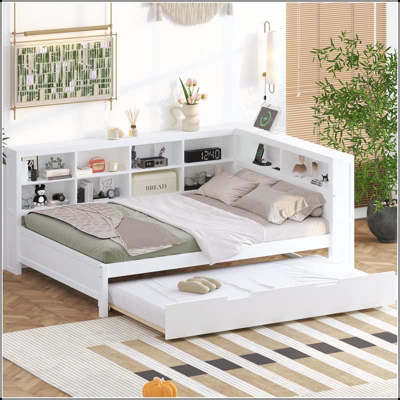 Wooden Daybed With Twin Size Trundle, Storage Shelf, And USB Charging Ports For Modern Living, White, Full