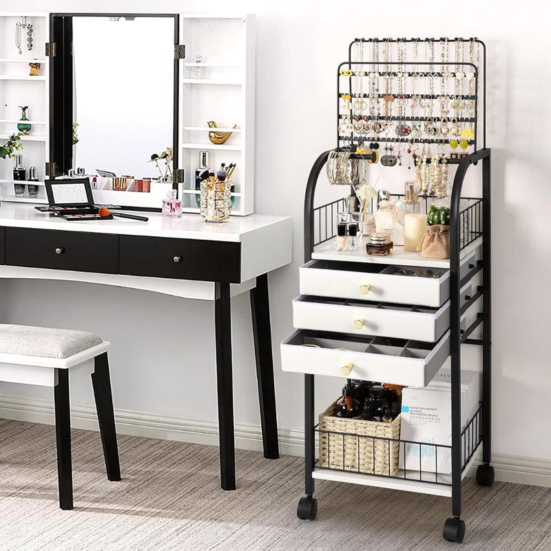 Large Black Metal Jewelry Stand with 3 Drawers