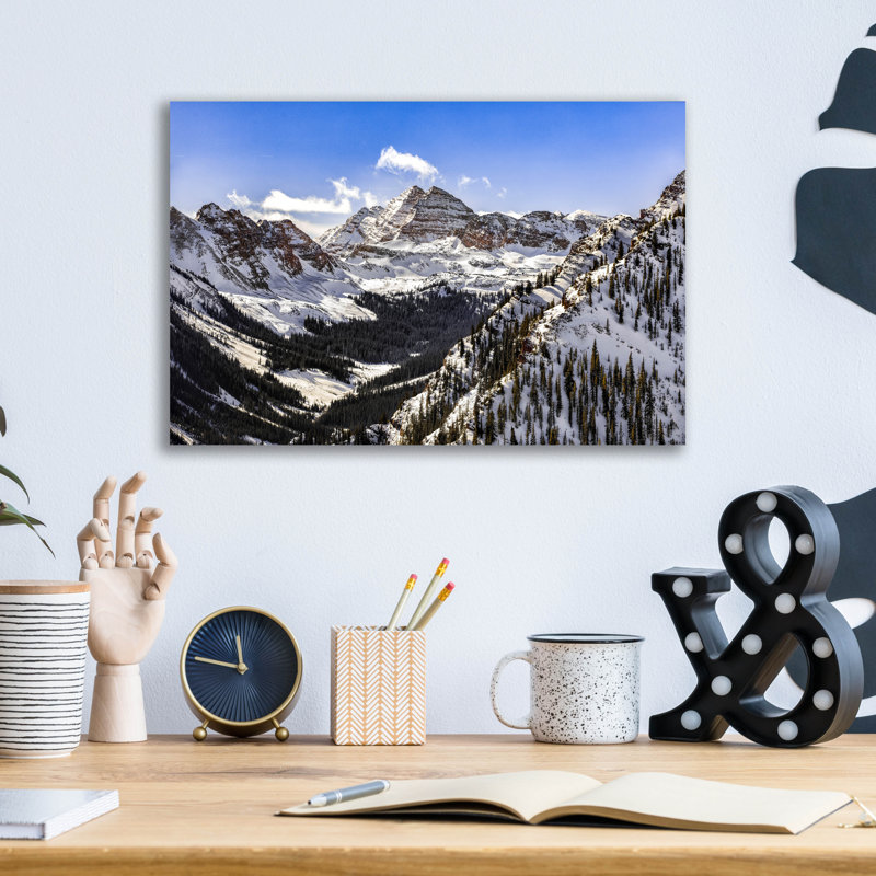 «Snow Covered Maroon Bells» par Jonathan Ross, art mural en verre acrylique,, H 12 po x l 16 po x P 0,13 po