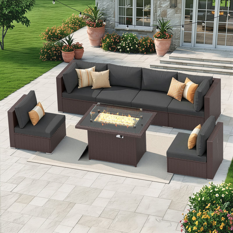 7-Piece Outdoor Furniture Set with Fire Pit Patio Wicker Conversation Set Cushions, Charcoal, Espresso