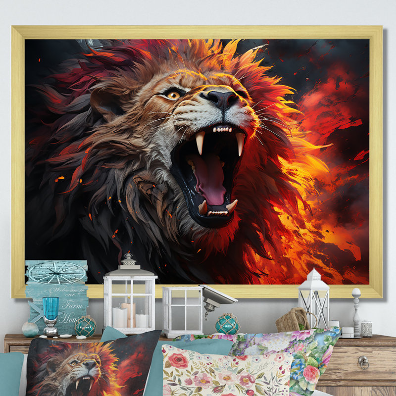 " Lions Roaring Echoes " Print, Gold Single Picture Framed, 34" H x 44" W x 1.5" D