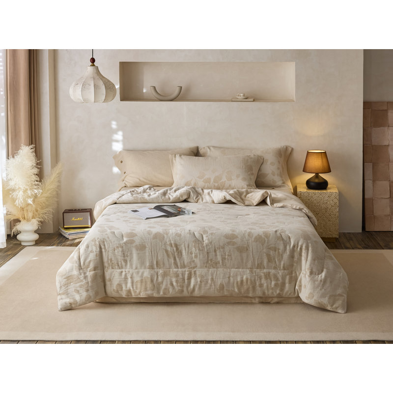 Ensemble de courtepointe en lin et coton jacquard Luna avec taies d'oreiller - Qualité supérieure et naturel