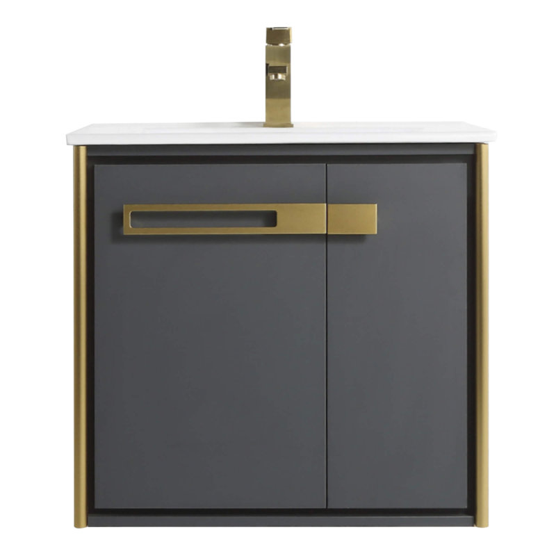 24'' Single Bathroom Vanity with Vitreous China Top, Satin Brass, Onix Gray