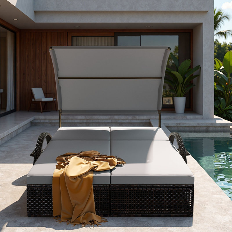 Outdoor Steel Frame Sun Lounger With Curved Sun Canopy, Adjustable Backrest, Hidden Side Table And Arched Armrests, Gray