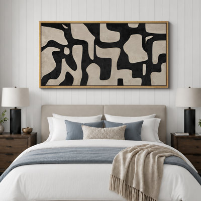 Mid Century Shape Abstract Contours, Black And White Beige Artwork, Retro Bedroom Home Decor, Extra Large Framed Canvas Print Wall Art