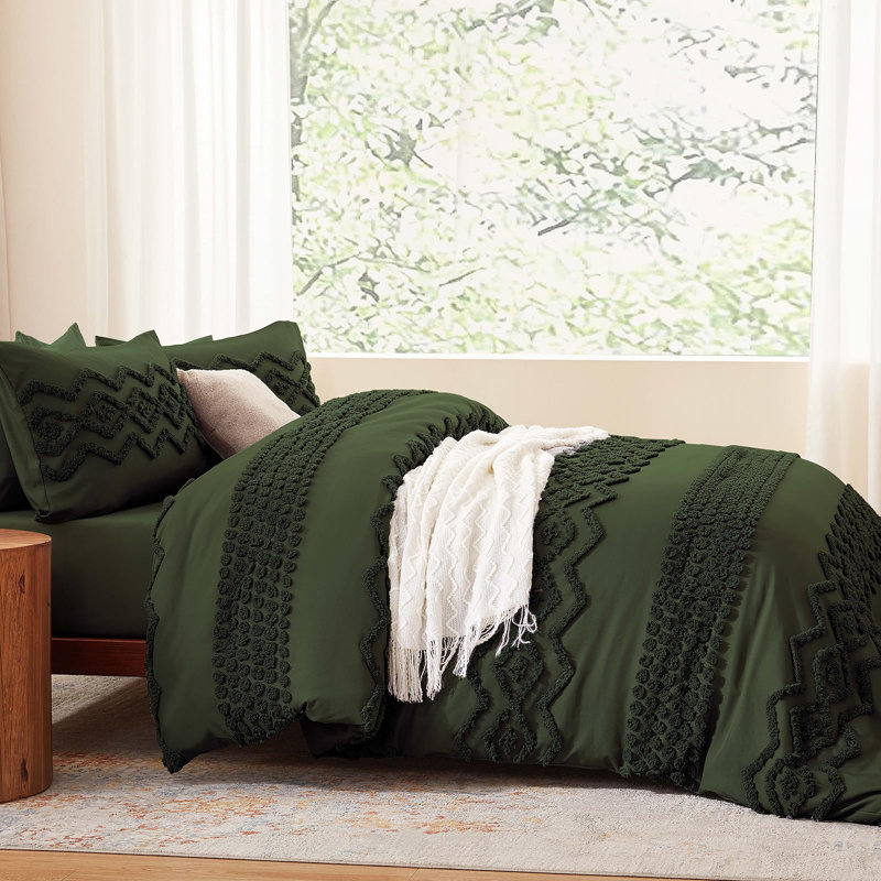 Ensemble d'édredon touffeté 3 pièces Boho Farmhouse, Édredon pour très grand lit + 2 taies décorativ, Vert olive