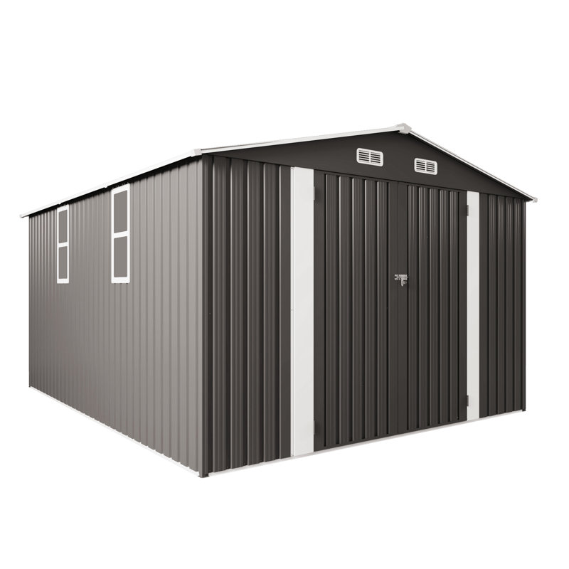 Grey 10X12ft Large Metal Storage Shed With Double Door And Two Windows, Secure For Bins Generator In Backyard Tool Snow Patio
