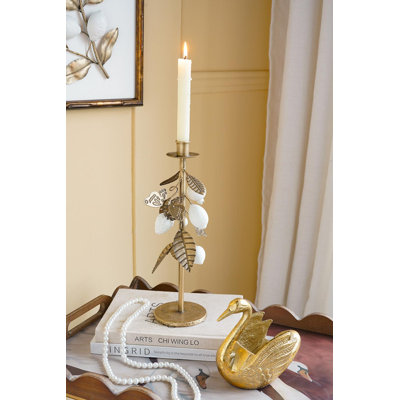 6.5x5.5x13" Iron Candle Holder with Gold Botanical Design and White Resin Berry Accents