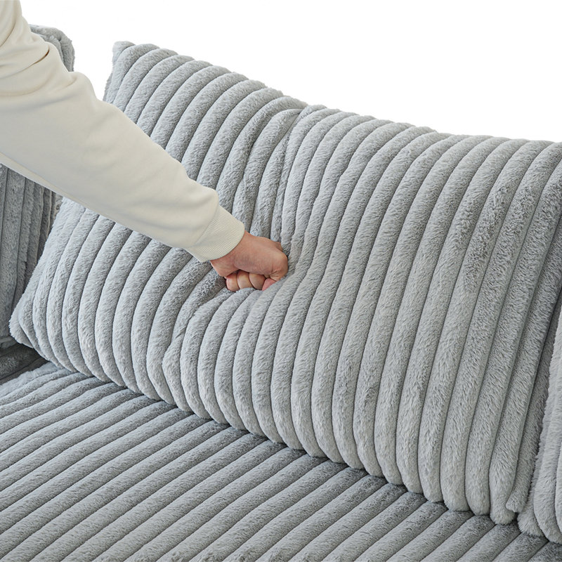 6 - Piece Upholstered Sectional With Ottoman, Gray Faux Fur