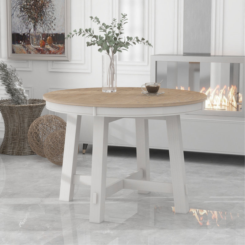 Table de salle à manger extensible Farmhouse, Bois de chêne naturel, Blanc antique