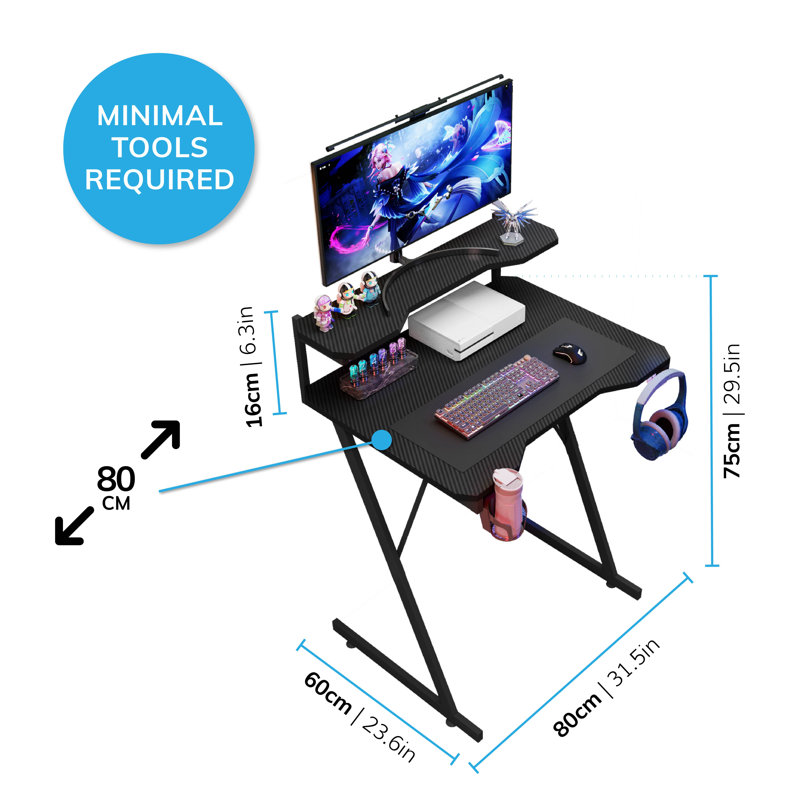 Gaming Desk With Monitor Stand Carbon Fibre Top Black With Cup Holder, Headphone Hook, 91cm H x 80cm W x 60cm D